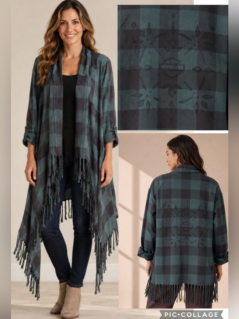 Harley-Davidson Women’s Buffalo Plaid Fringe Open Waterfall Cardigan Graphic XS